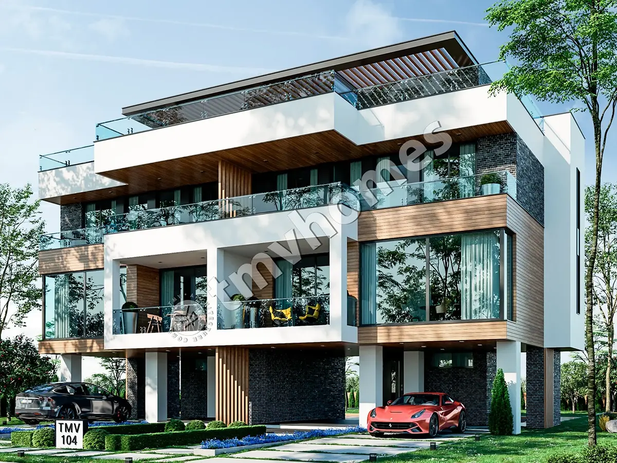 Modernus trijų aukštų dvibučio namo projektas su dideliais langais ir stogo terasa – 126 m² m2 kiekviename būste