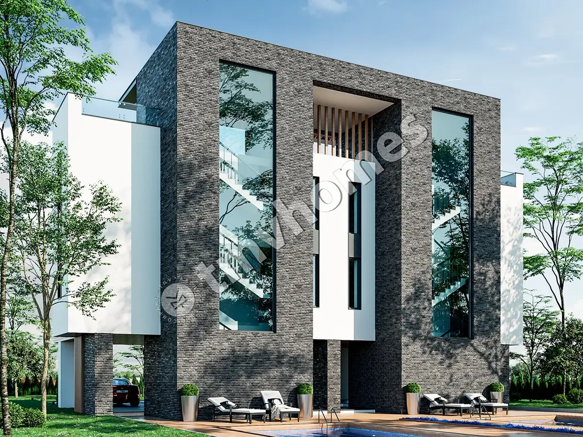 Modernus trijų aukštų dvibučio namo projektas su dideliais langais ir stogo terasa – 126 m² m2 kiekviename būste