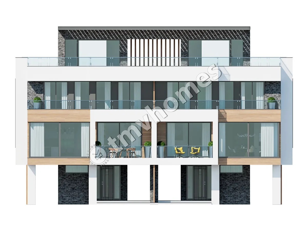 Modernus trijų aukštų dvibučio namo projektas su dideliais langais ir stogo terasa – 126 m² m2 kiekviename būste