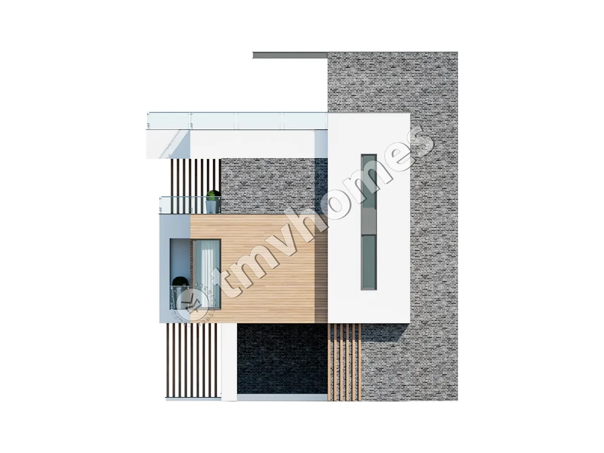 Modernus trijų aukštų dvibučio namo projektas su dideliais langais ir stogo terasa – 126 m² m2 kiekviename būste