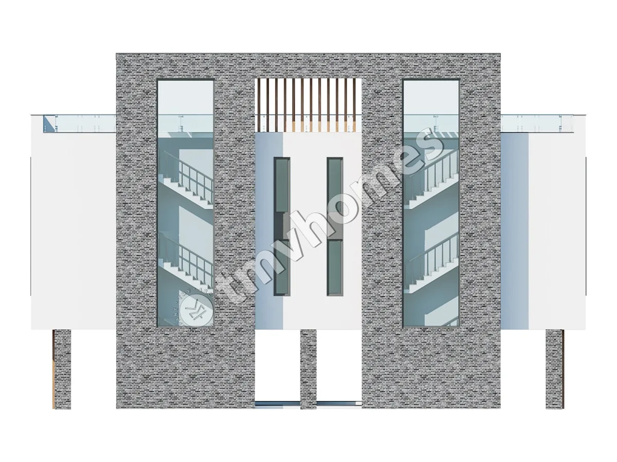 Modernus trijų aukštų dvibučio namo projektas su dideliais langais ir stogo terasa – 126 m² m2 kiekviename būste