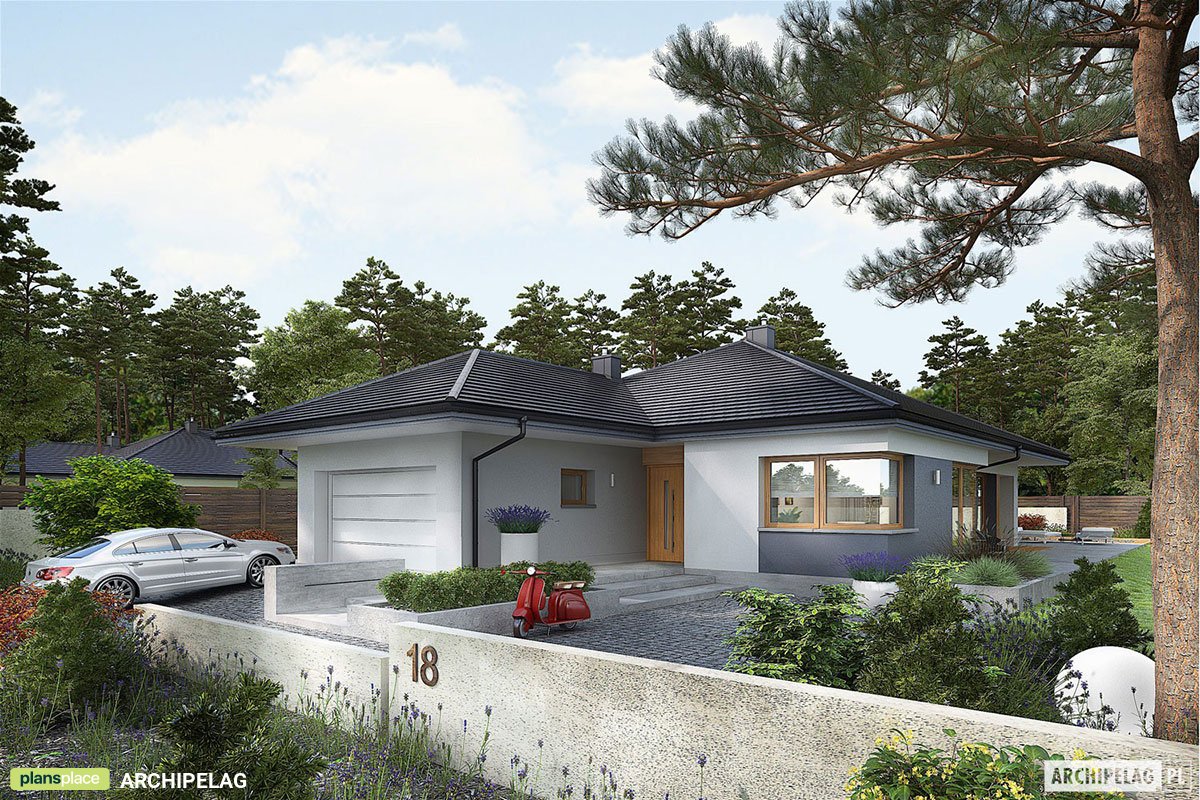 1700 Sq Ft T-Shaped House Plan with 2-Car Garage and 3 Beds