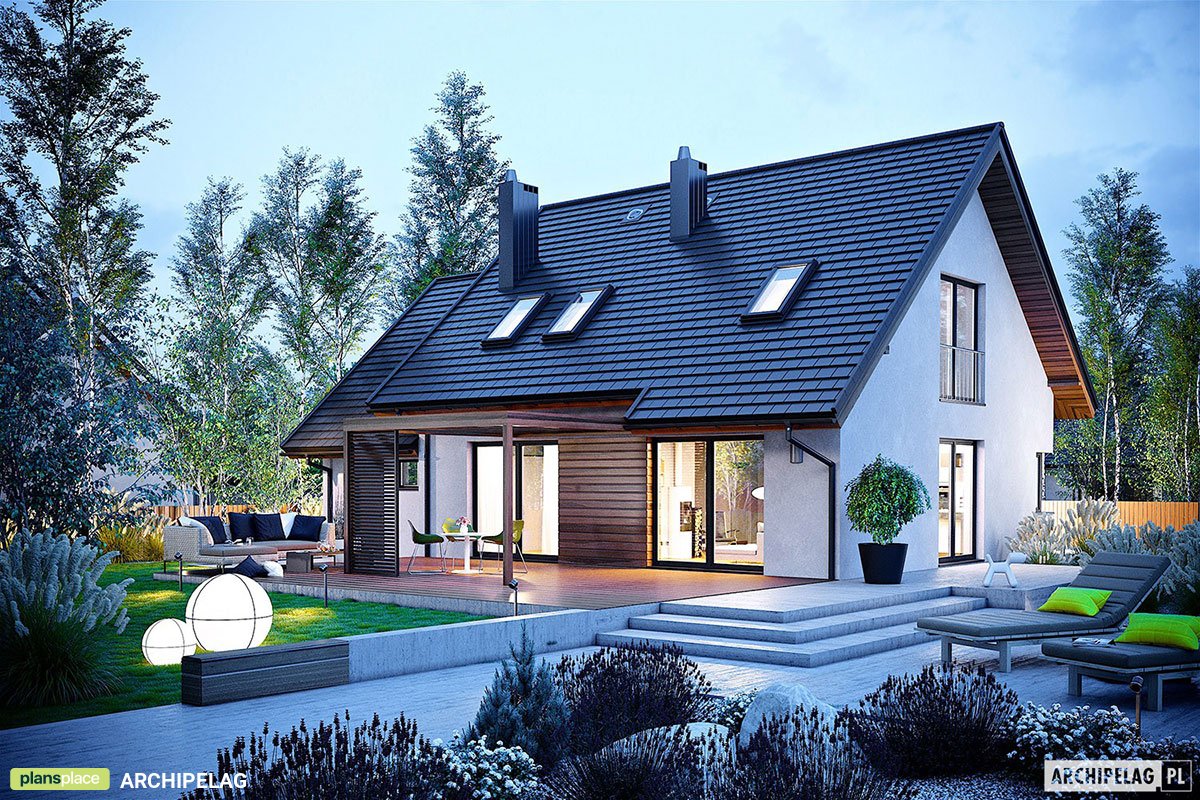 Namo projektas su mansarda 175 m²: 3 Miegamieji, Darbo kambarys, 2 Vonios, Atvira virtuvė, Garažas