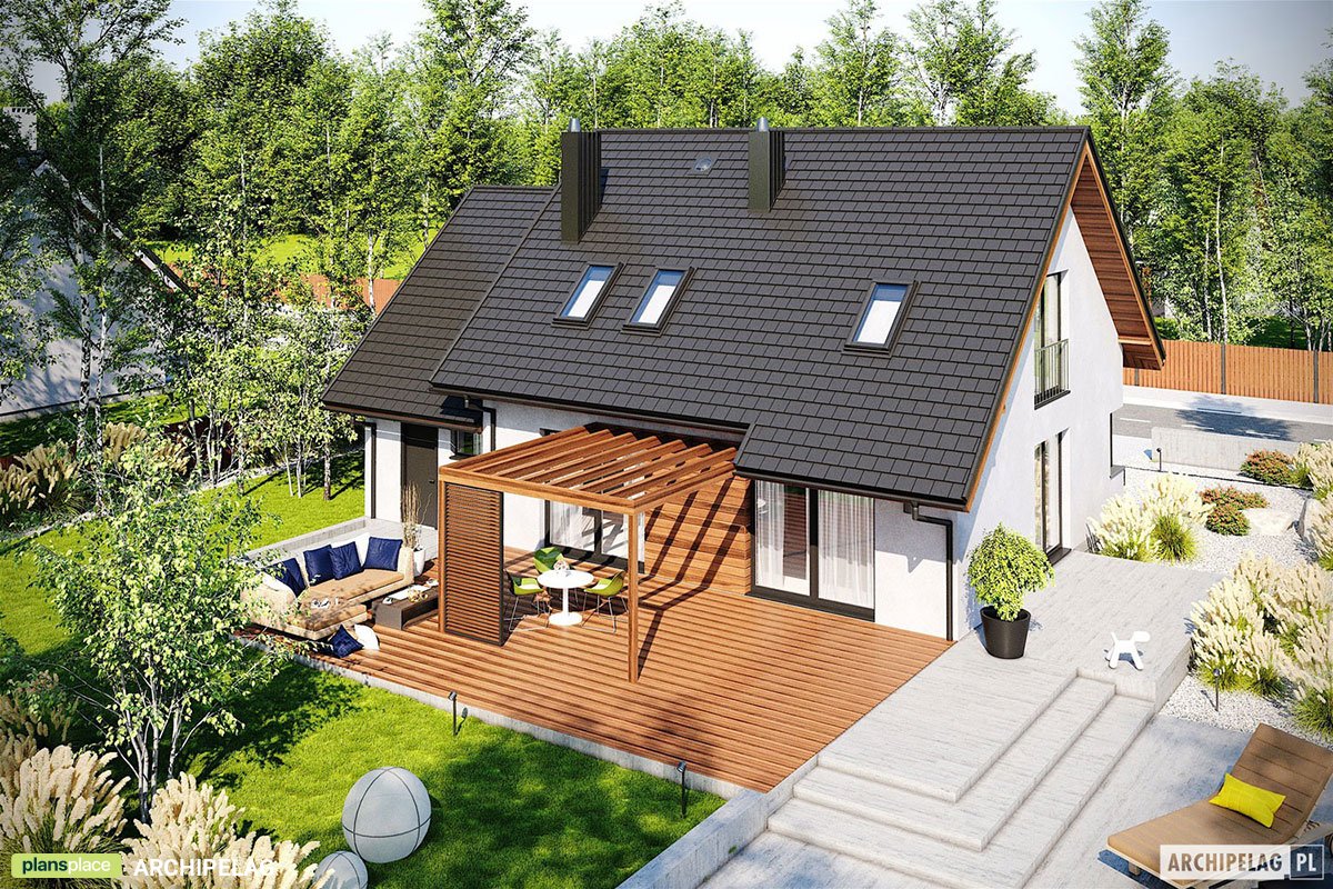 Namo projektas su mansarda 175 m²: 3 Miegamieji, Darbo kambarys, 2 Vonios, Atvira virtuvė, Garažas