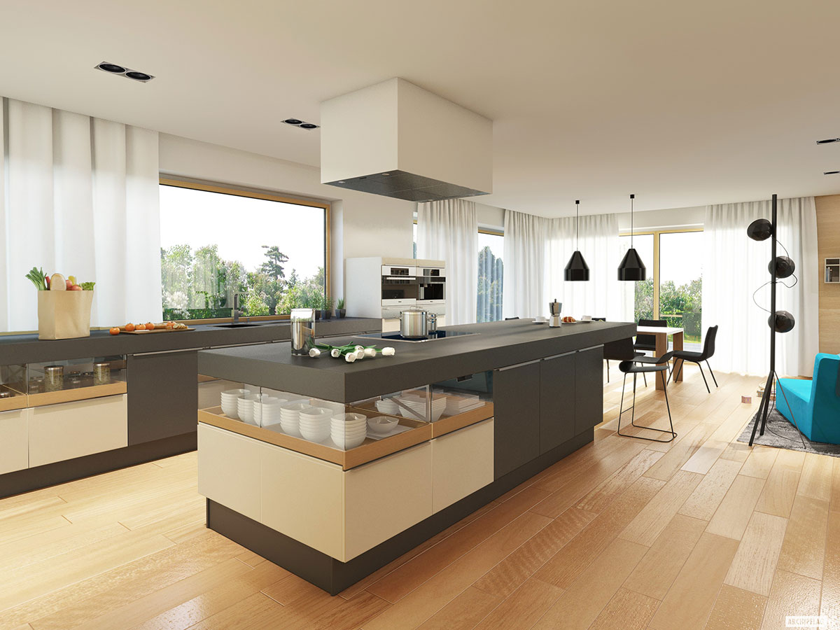 Namo projektas su mansarda 207 m²: 3 Miegamieji, Darbo kambarys, 2 Vonios, Atvira virtuvė, Garažas