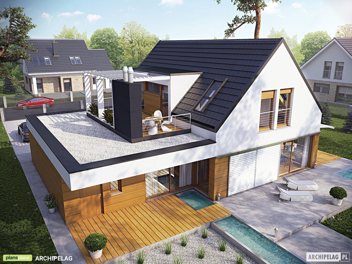 Namo projektas su mansarda 207 m²: 3 Miegamieji, Darbo kambarys, 2 Vonios, Atvira virtuvė, Garažas