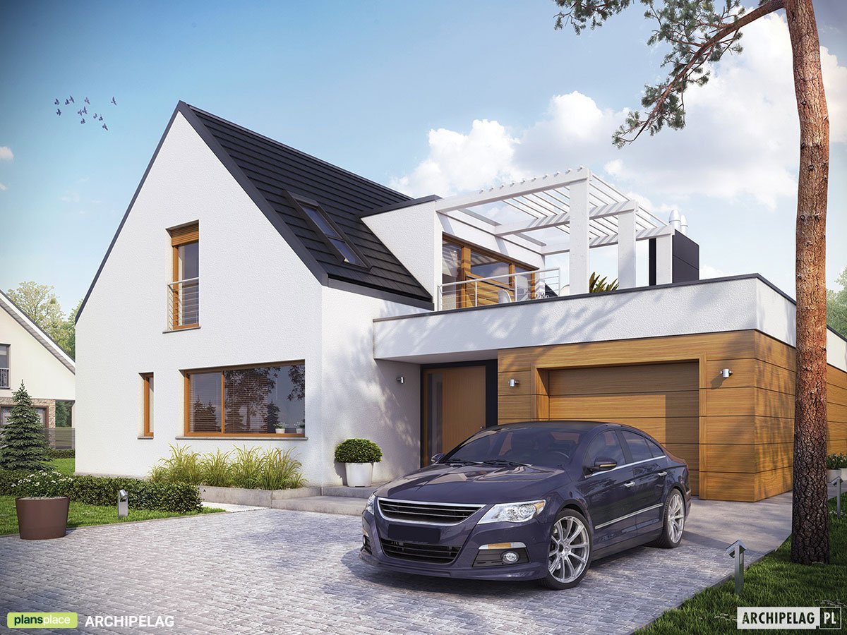 Namo projektas su mansarda 207 m²: 3 Miegamieji, Darbo kambarys, 2 Vonios, Atvira virtuvė, Garažas