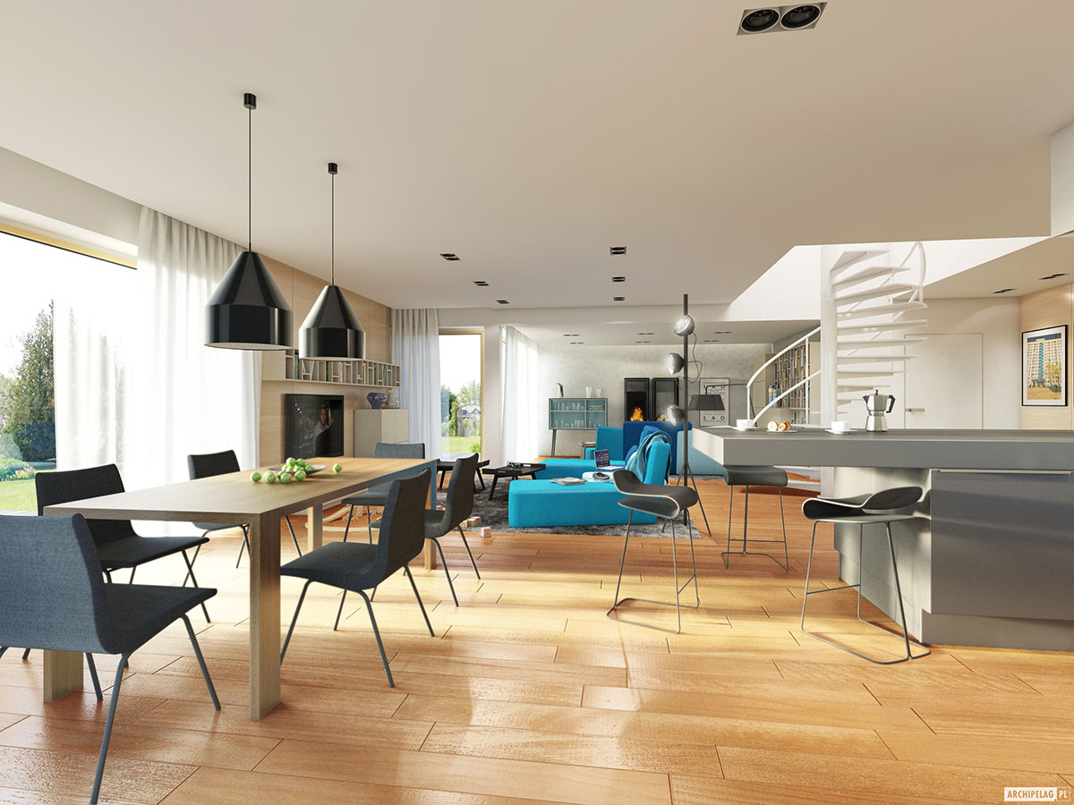 Namo projektas su mansarda 207 m²: 3 Miegamieji, Darbo kambarys, 2 Vonios, Atvira virtuvė, Garažas