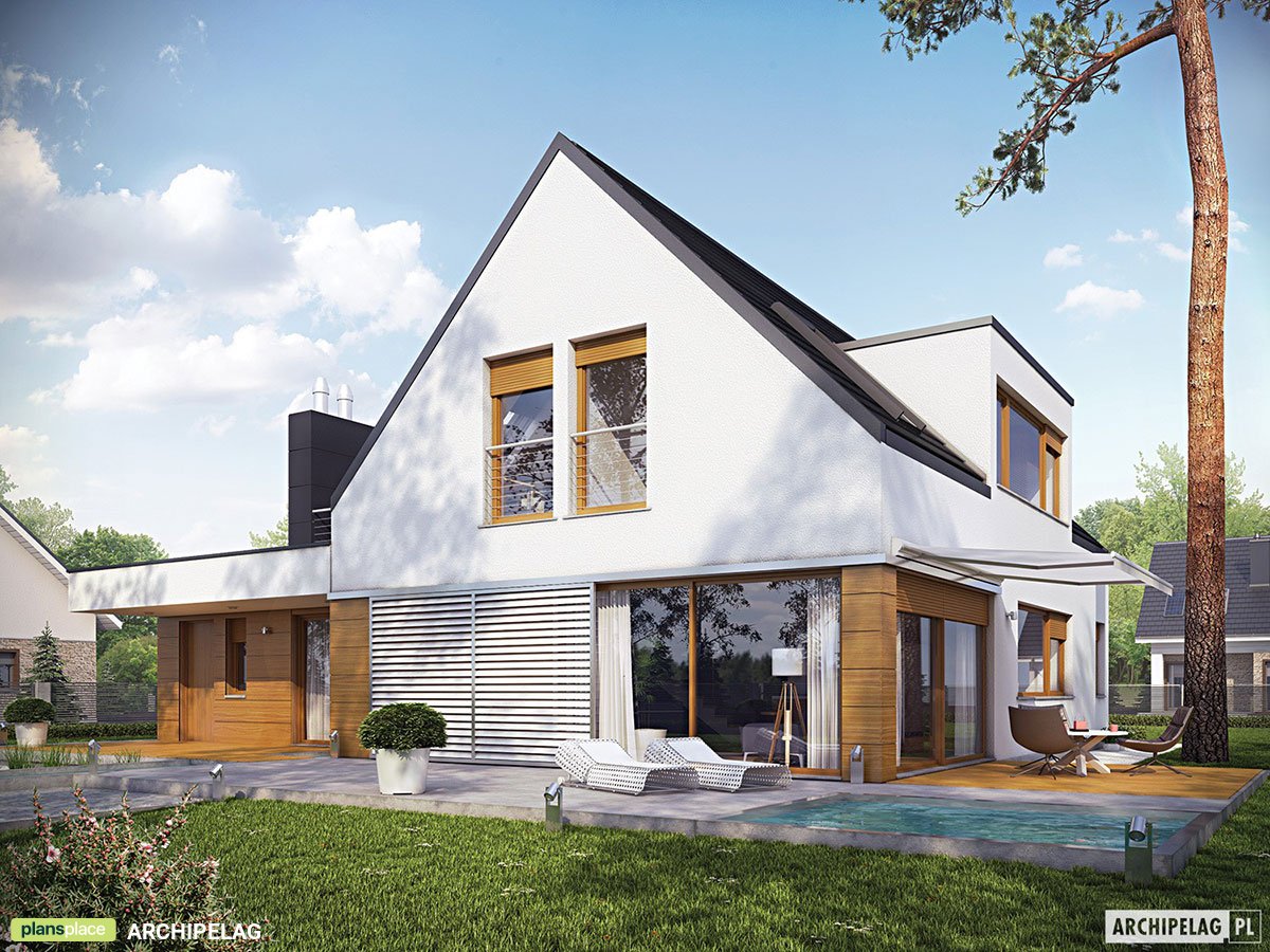 Namo projektas su mansarda 207 m²: 3 Miegamieji, Darbo kambarys, 2 Vonios, Atvira virtuvė, Garažas