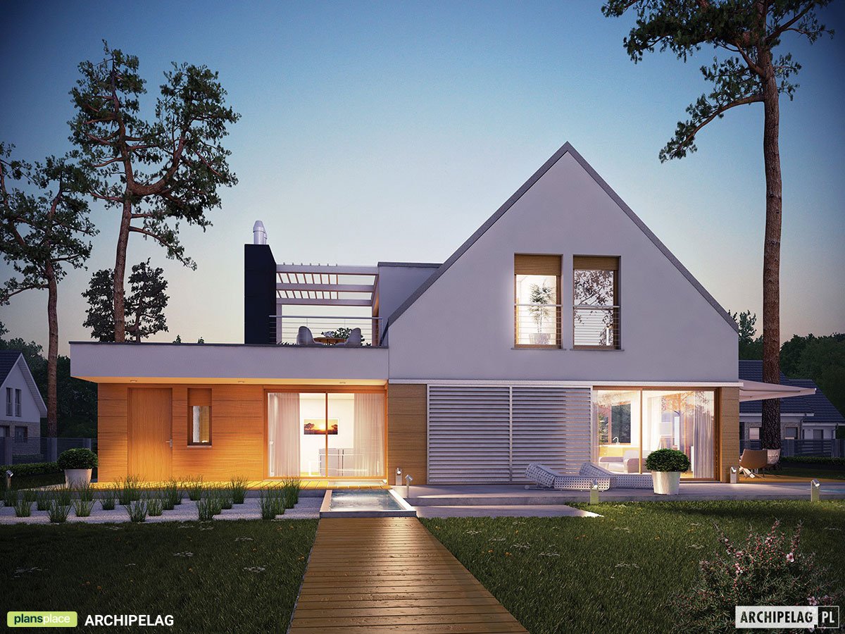Namo projektas su mansarda 207 m²: 3 Miegamieji, Darbo kambarys, 2 Vonios, Atvira virtuvė, Garažas