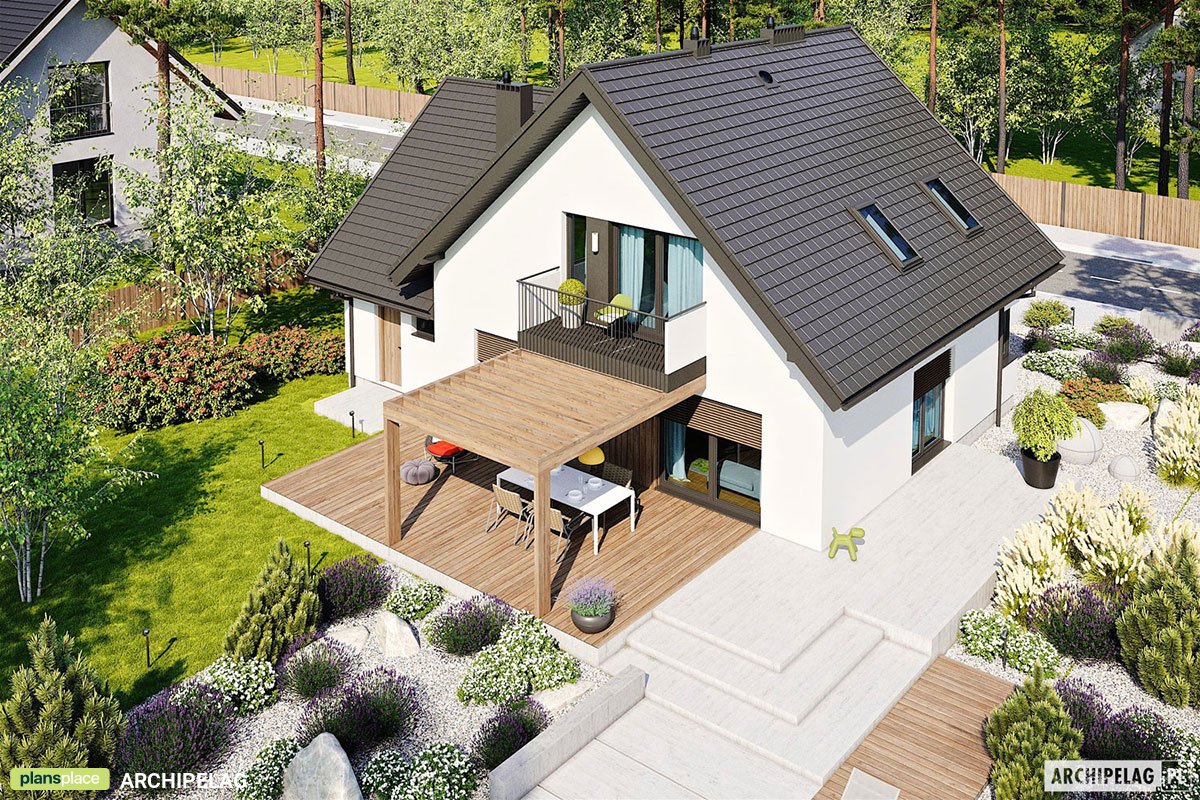 Namo projektas su mansarda 165 m²: 3 Miegamieji, Darbo kambarys, 2 Vonios, Atvira virtuvė, Garažas