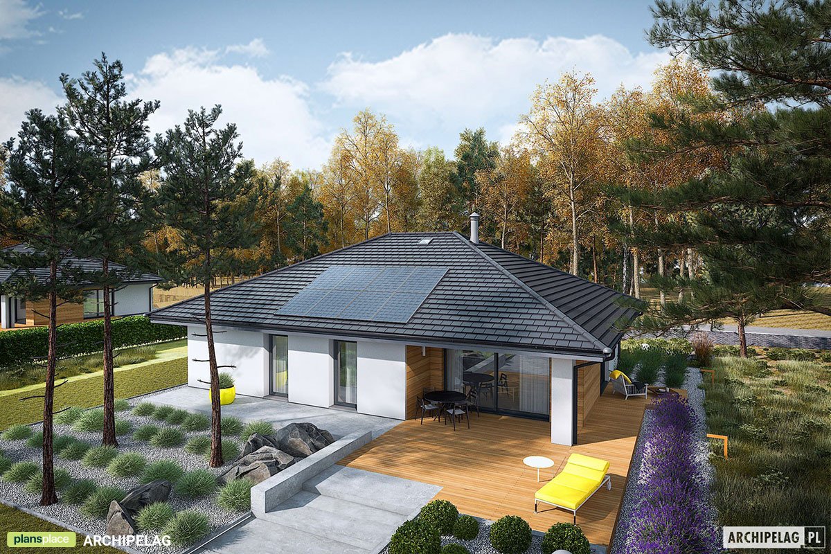Vieno aukšto namo projektas 121 m²: 3 Miegamieji, 2 Vonios, Atvira virtuvė, be Garažo