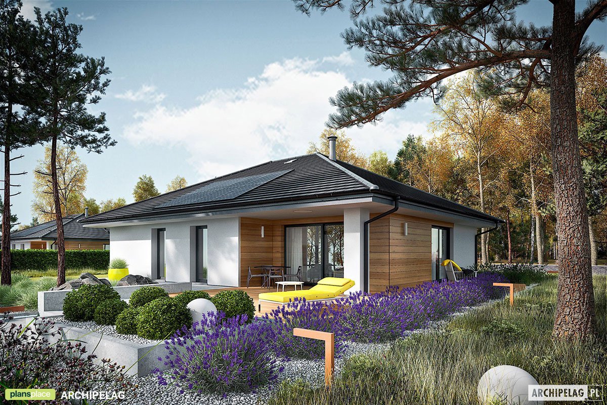 Vieno aukšto namo projektas 121 m²: 3 Miegamieji, 2 Vonios, Atvira virtuvė, be Garažo