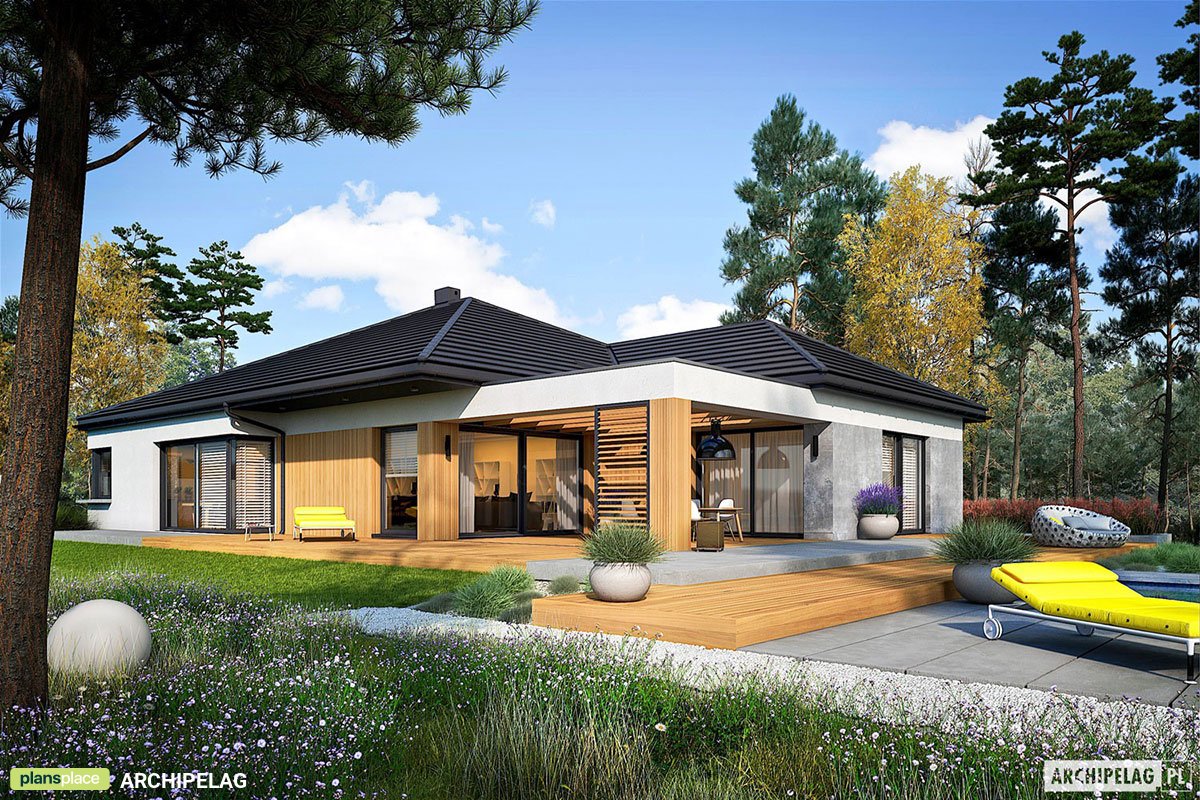 Vieno aukšto namo projektas 240 m²: 3 Miegamieji, Darbo kambarys, 3 Vonios, Atvira virtuvė, Garažas