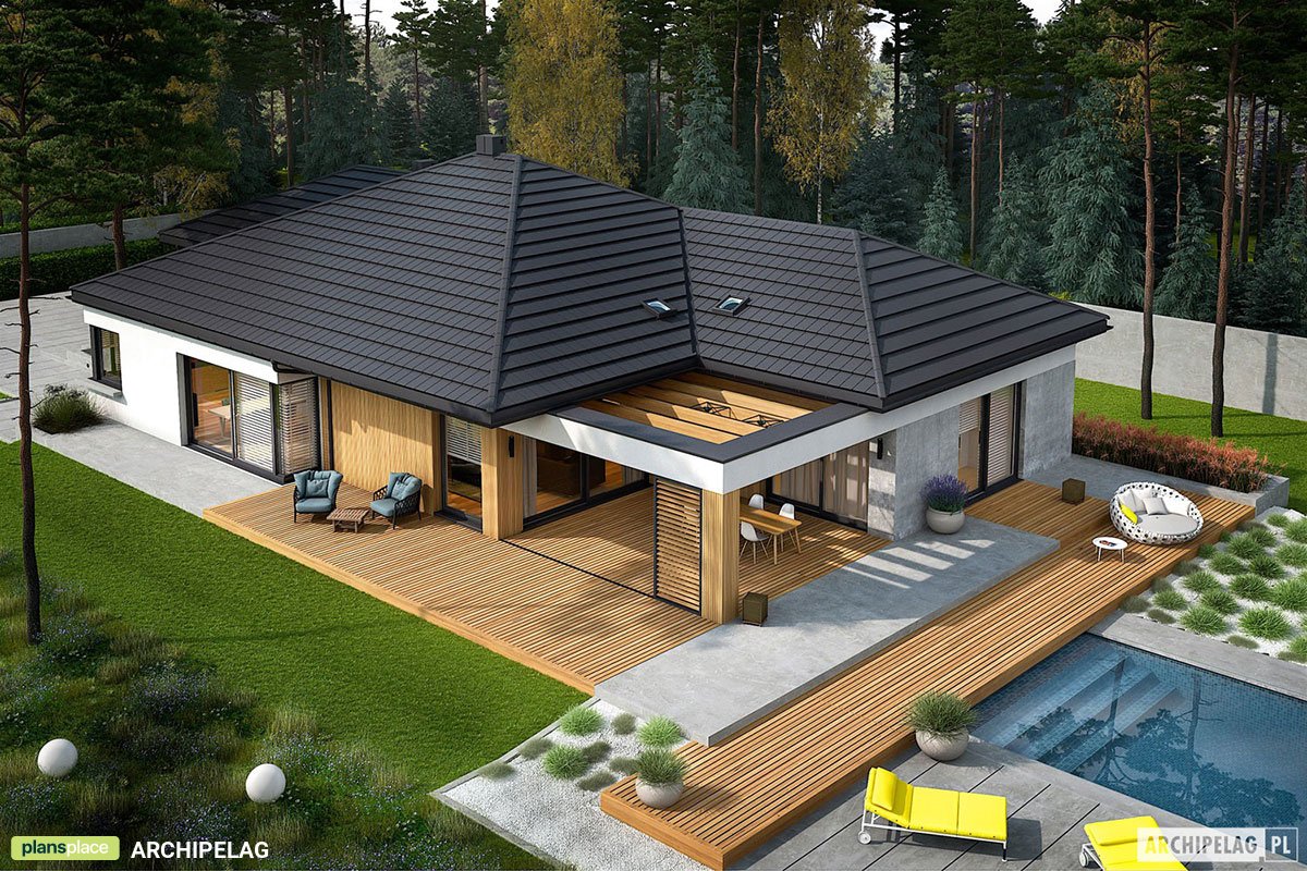 Vieno aukšto namo projektas 240 m²: 3 Miegamieji, Darbo kambarys, 3 Vonios, Atvira virtuvė, Garažas