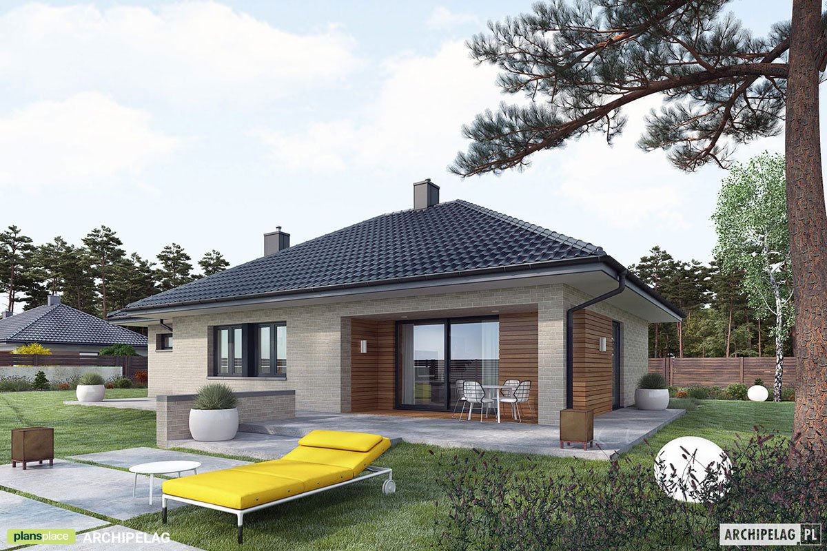 Vieno aukšto namo projektas 106 m²: 3 Miegamieji, 2 Vonios, Atvira virtuvė, Garažas