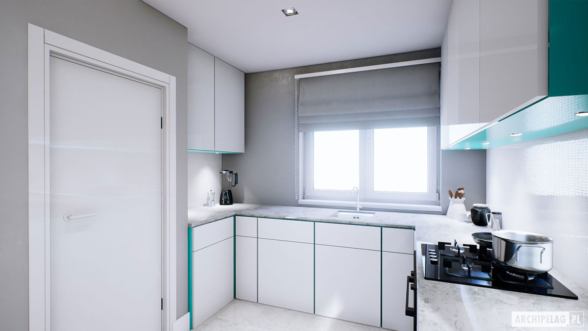Vieno aukšto namo projektas 106 m²: 3 Miegamieji, 2 Vonios, Atvira virtuvė, Garažas
