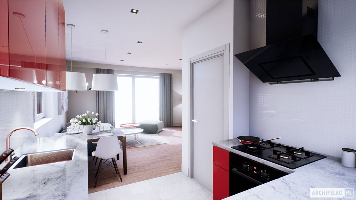 Vieno aukšto namo projektas 85 m²: 3 Miegamieji, 2 Vonios, Atvira virtuvė, be Garažo