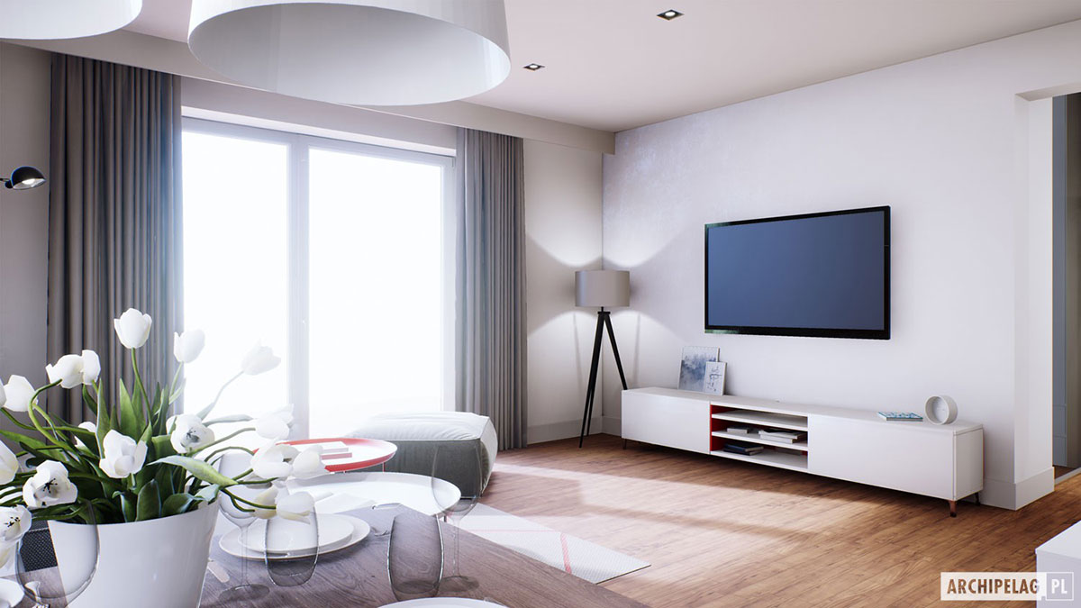 Vieno aukšto namo projektas 85 m²: 3 Miegamieji, 2 Vonios, Atvira virtuvė, be Garažo