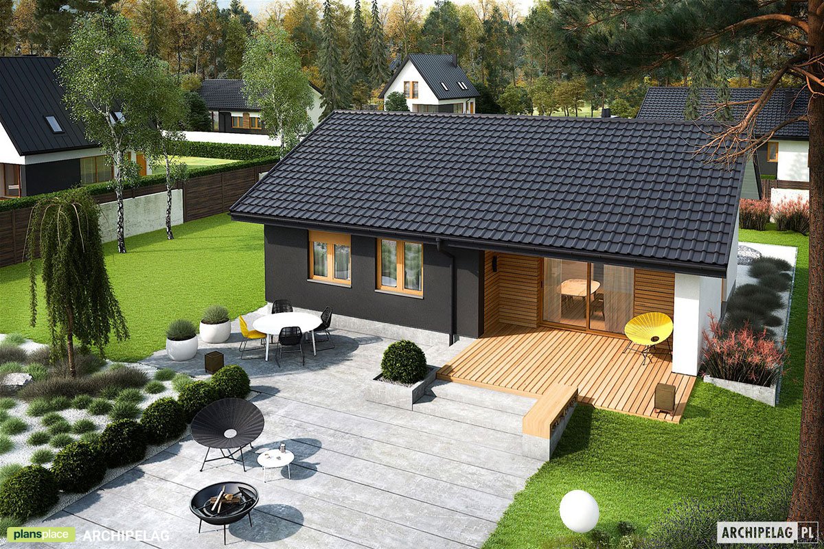 Vieno aukšto namo projektas 85 m²: 3 Miegamieji, 2 Vonios, Atvira virtuvė, be Garažo