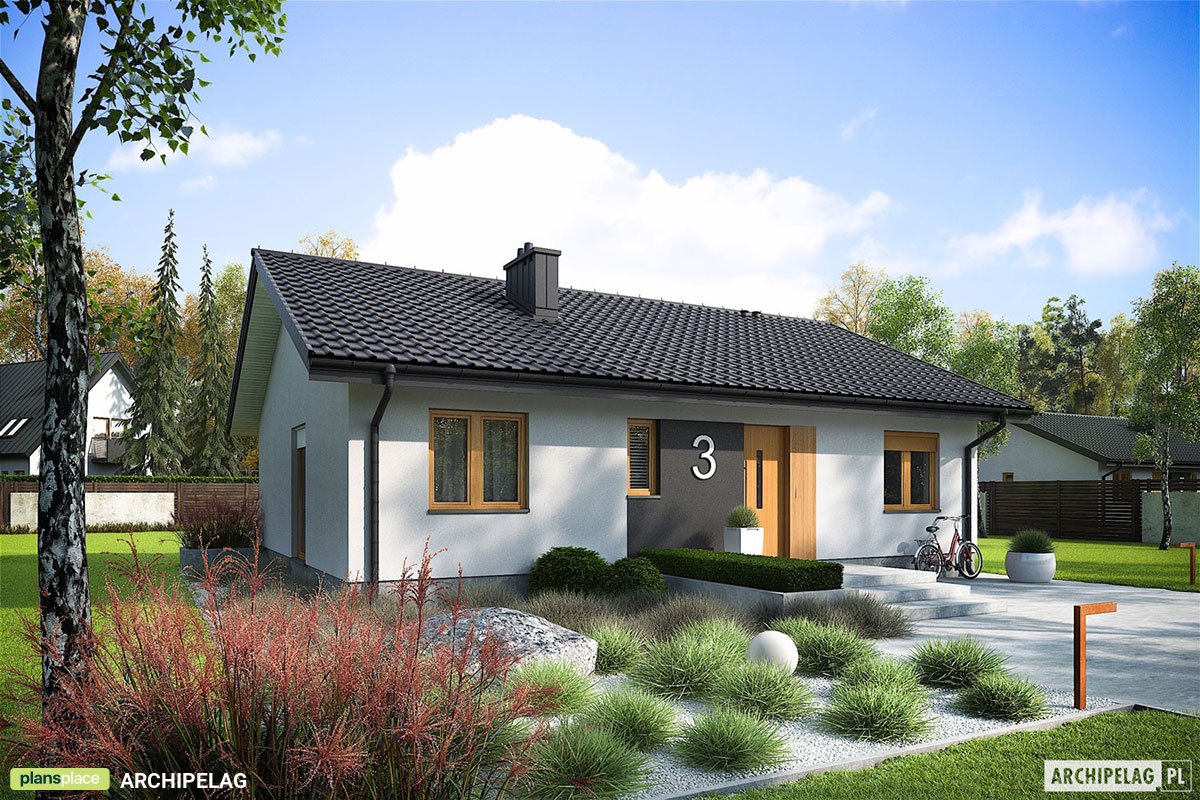Vieno aukšto namo projektas 85 m²: 3 Miegamieji, 2 Vonios, Atvira virtuvė, be Garažo