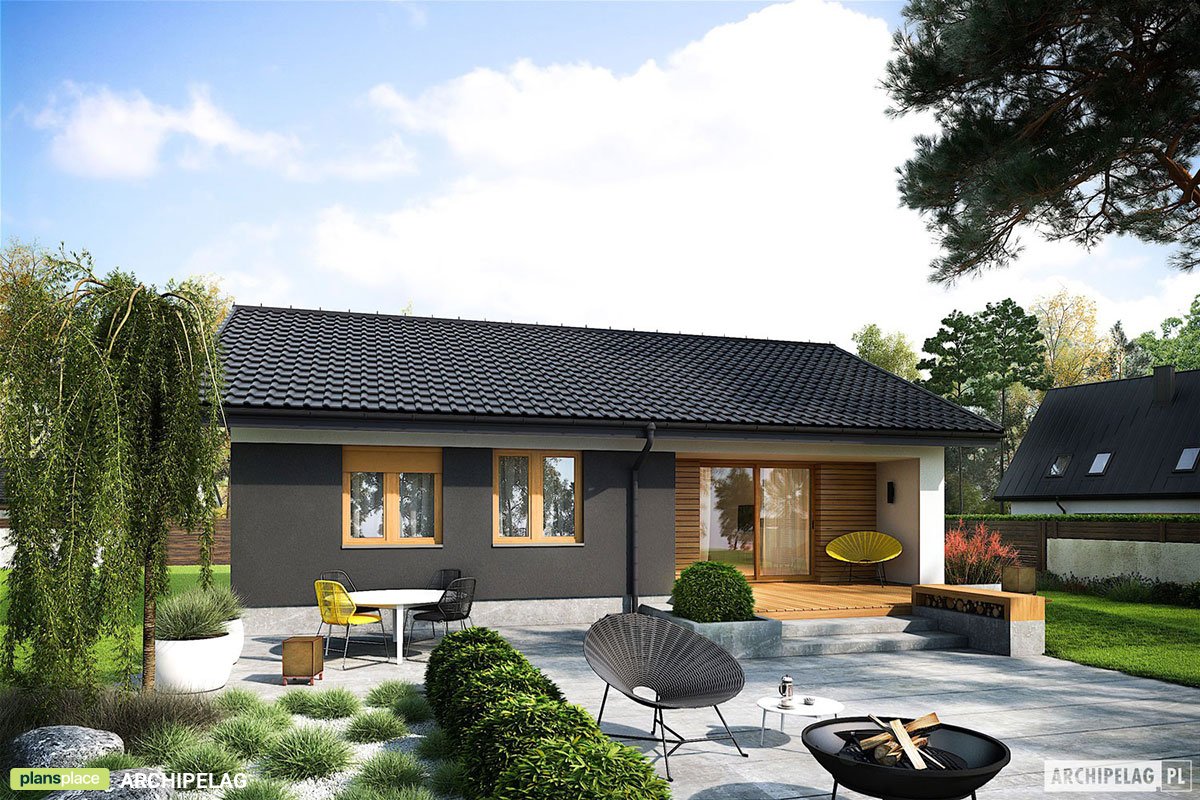 Vieno aukšto namo projektas 85 m²: 3 Miegamieji, 2 Vonios, Atvira virtuvė, be Garažo