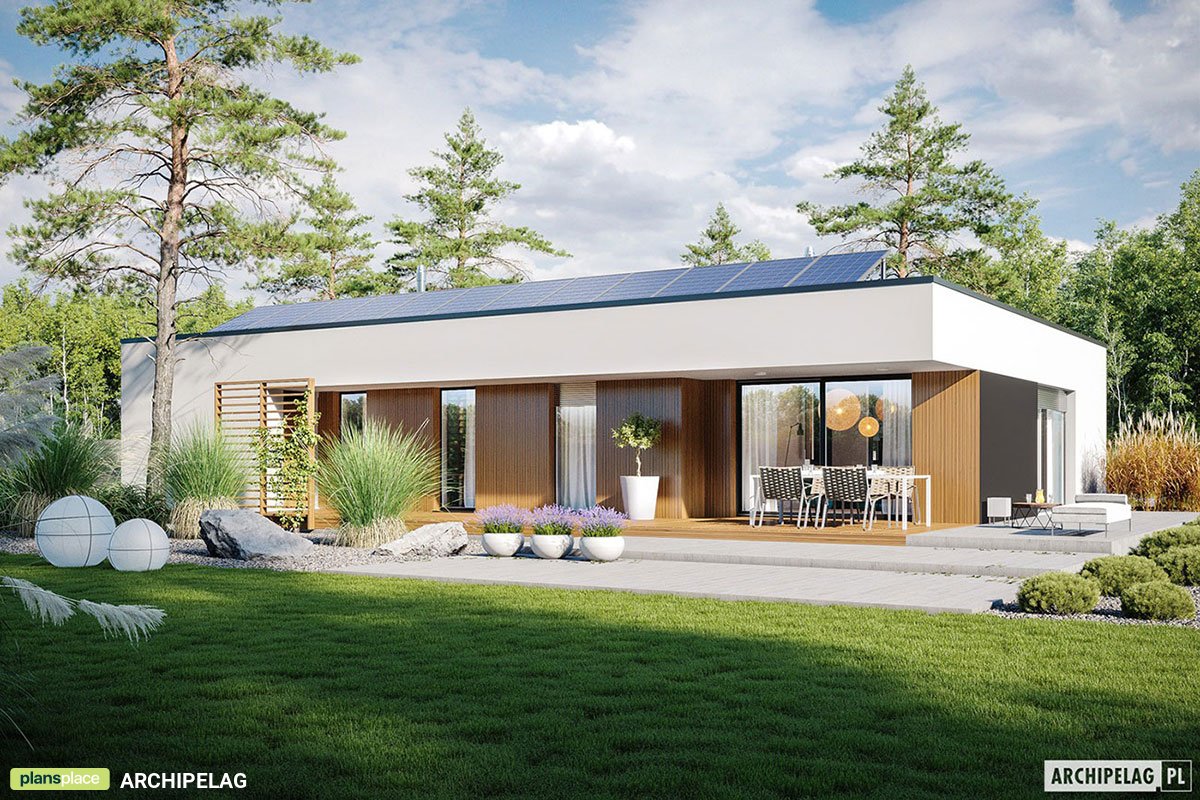 Vieno aukšto namo projektas 150 m²: 3 Miegamieji, 2 Vonios, Atvira virtuvė, Garažas