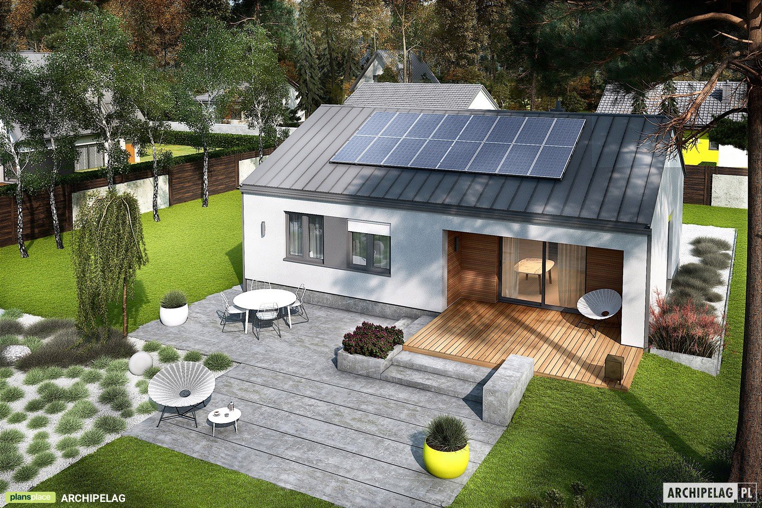 Vieno aukšto namo projektas 85 m²: 3 Miegamieji, 2 Vonios, Atvira virtuvė, be Garažo