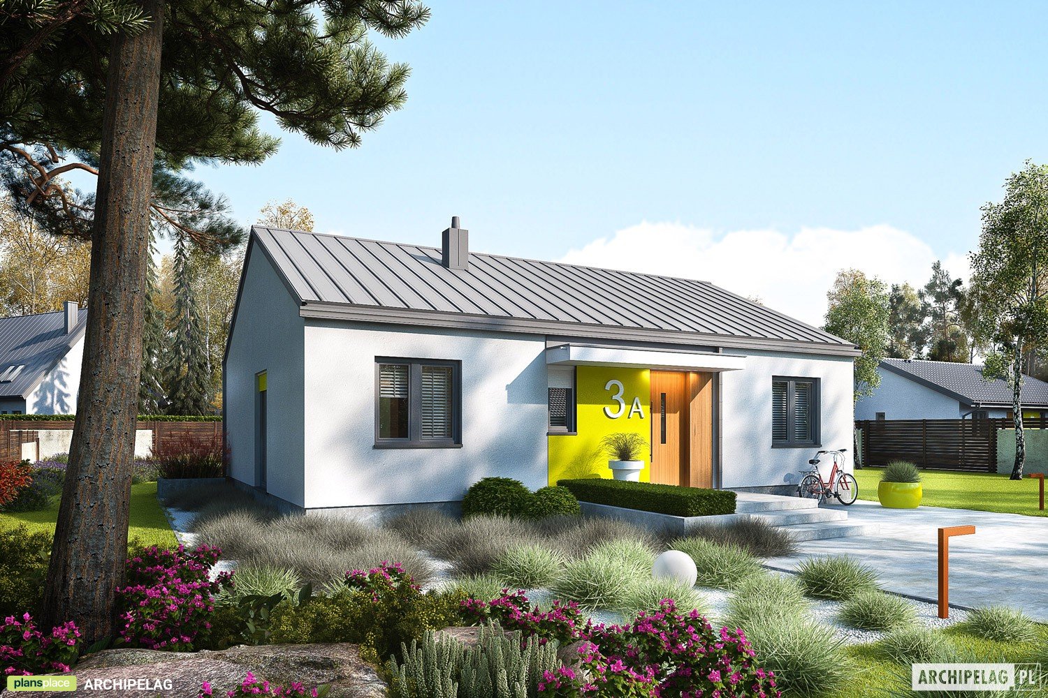 Vieno aukšto namo projektas 85 m²: 3 Miegamieji, 2 Vonios, Atvira virtuvė, be Garažo