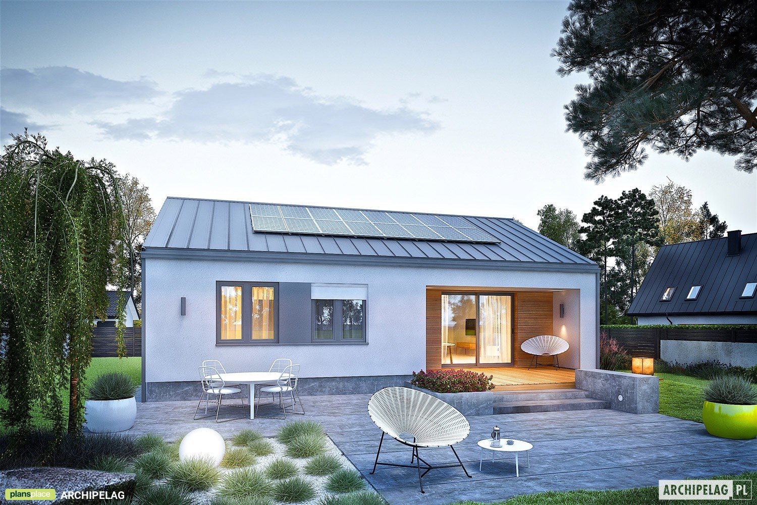 Vieno aukšto namo projektas 85 m²: 3 Miegamieji, 2 Vonios, Atvira virtuvė, be Garažo