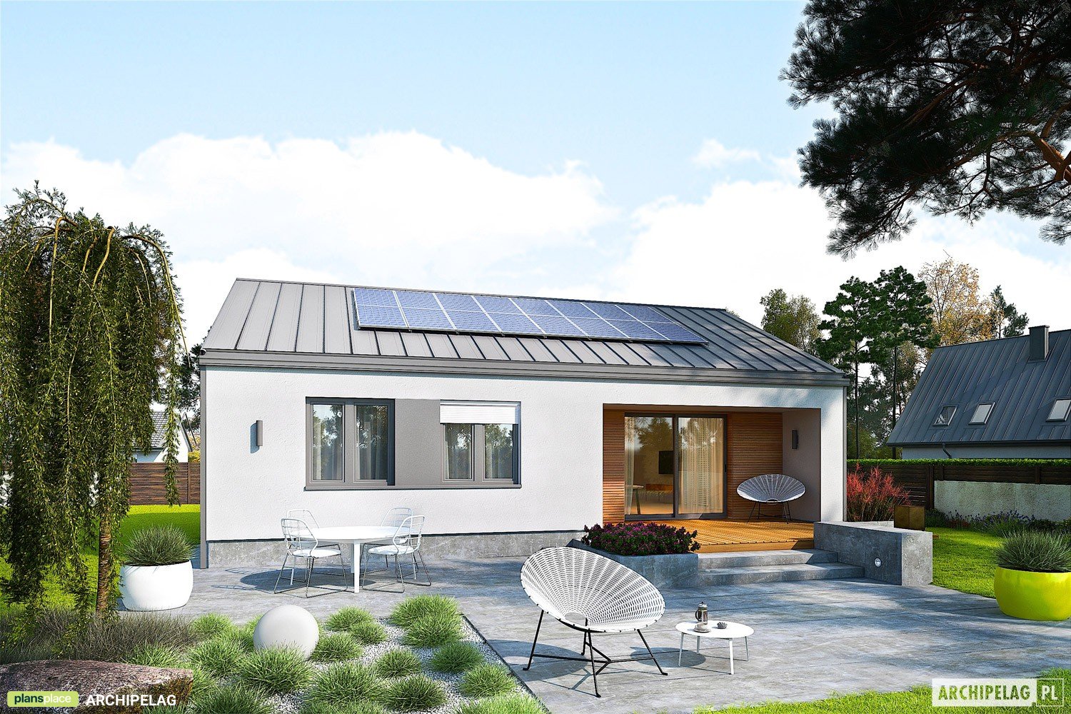 Vieno aukšto namo projektas 85 m²: 3 Miegamieji, 2 Vonios, Atvira virtuvė, be Garažo
