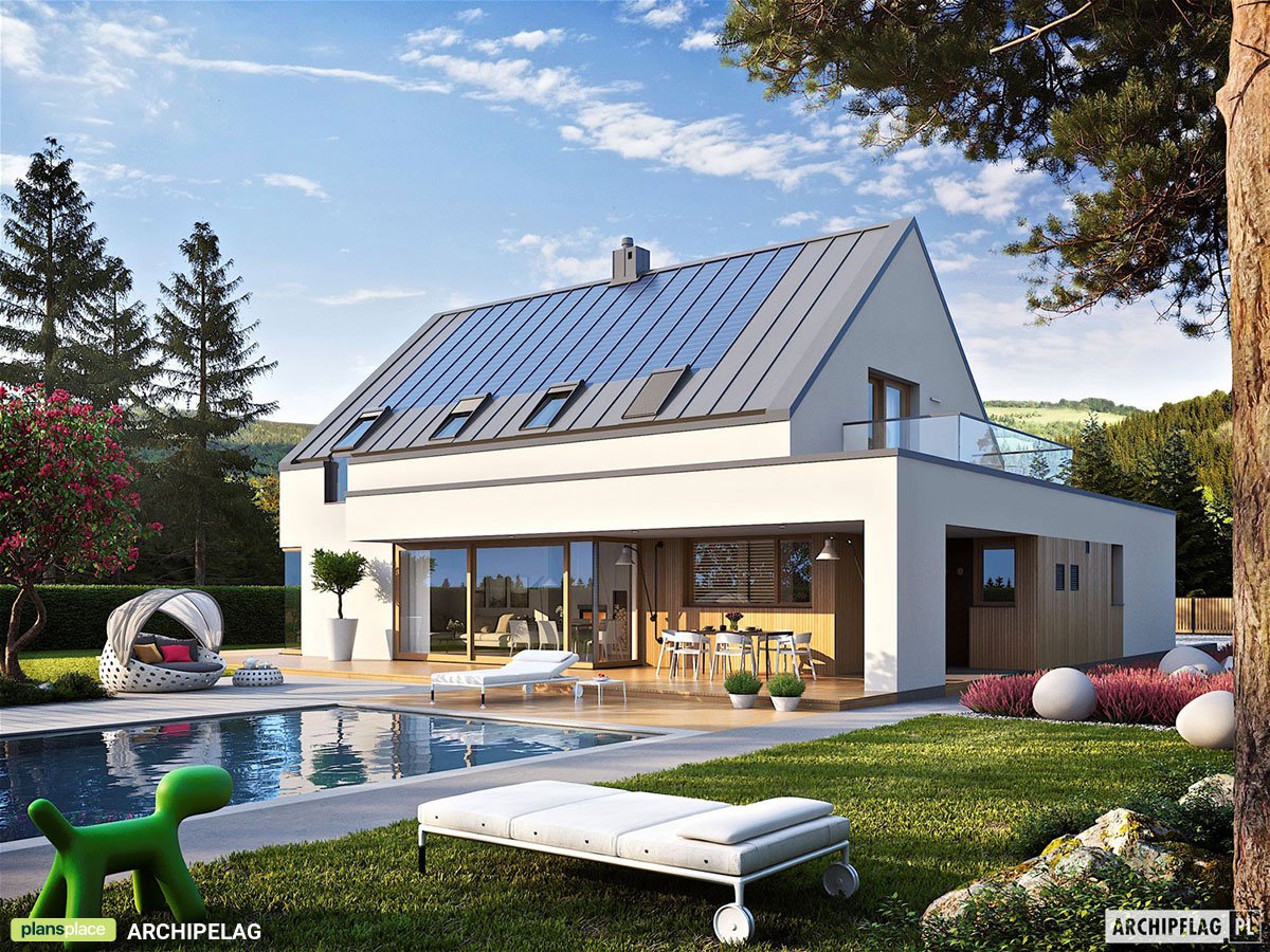 Namo projektas su mansarda 203 m²: 3 Miegamieji, Darbo kambarys, 3 Vonios, Atvira virtuvė, Garažas