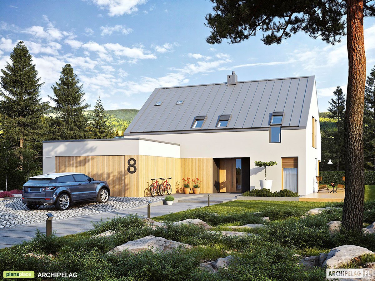 Namo projektas su mansarda 203 m²: 3 Miegamieji, Darbo kambarys, 3 Vonios, Atvira virtuvė, Garažas