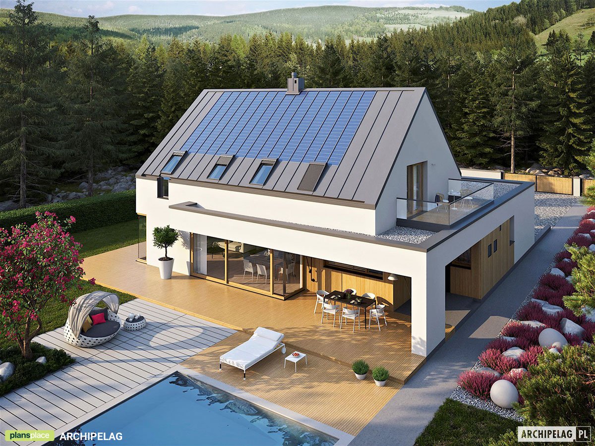 Namo projektas su mansarda 203 m²: 3 Miegamieji, Darbo kambarys, 3 Vonios, Atvira virtuvė, Garažas