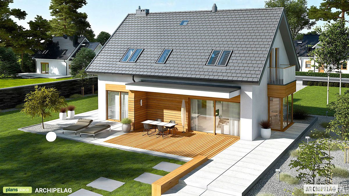 Namo projektas su mansarda 196 m²: 3 Miegamieji, Darbo kambarys, 3 Vonios, Atvira virtuvė, Garažas
