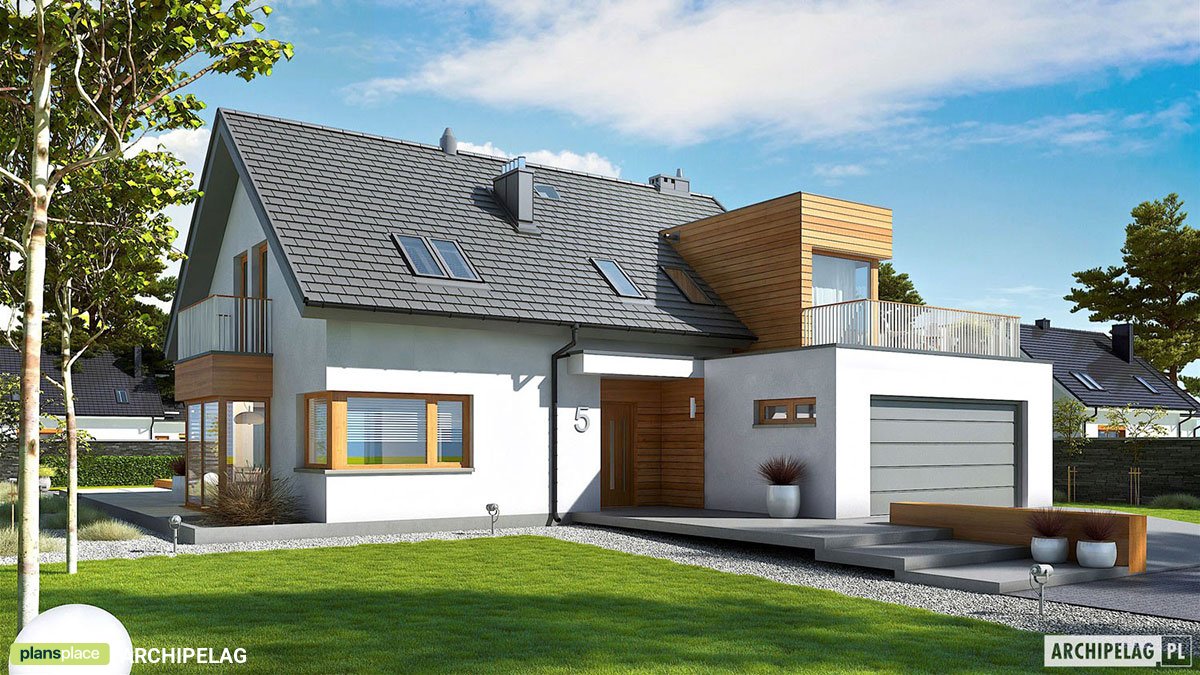 Namo projektas su mansarda 196 m²: 3 Miegamieji, Darbo kambarys, 3 Vonios, Atvira virtuvė, Garažas