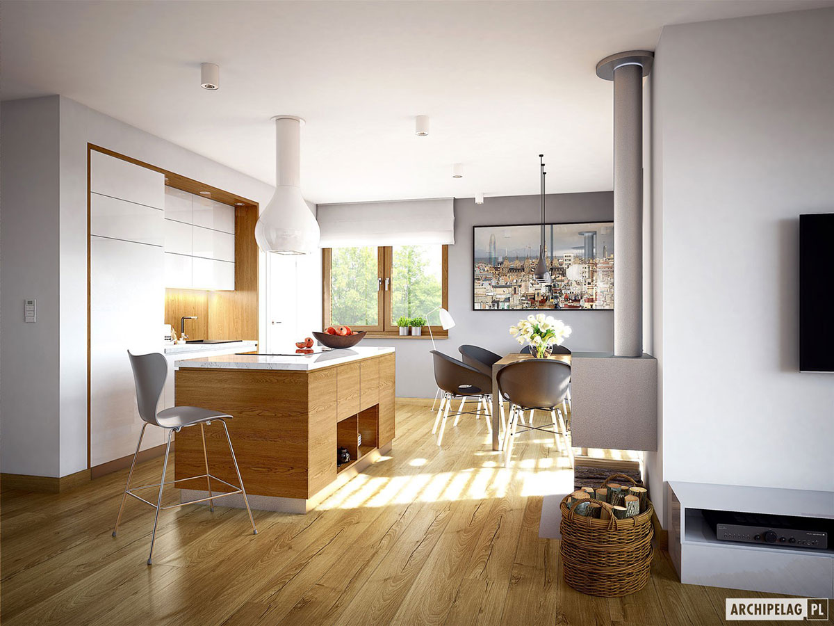 Namo projektas su mansarda 163 m²: 3 Miegamieji, Darbo kambarys, 3 Vonios, Atvira virtuvė, Garažas