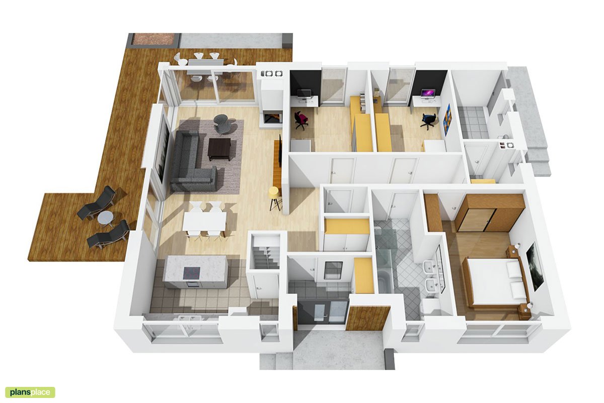 Vieno aukšto namo projektas 130 m²: 3 Miegamieji, 2 Vonios, Atvira virtuvė, be Garažo