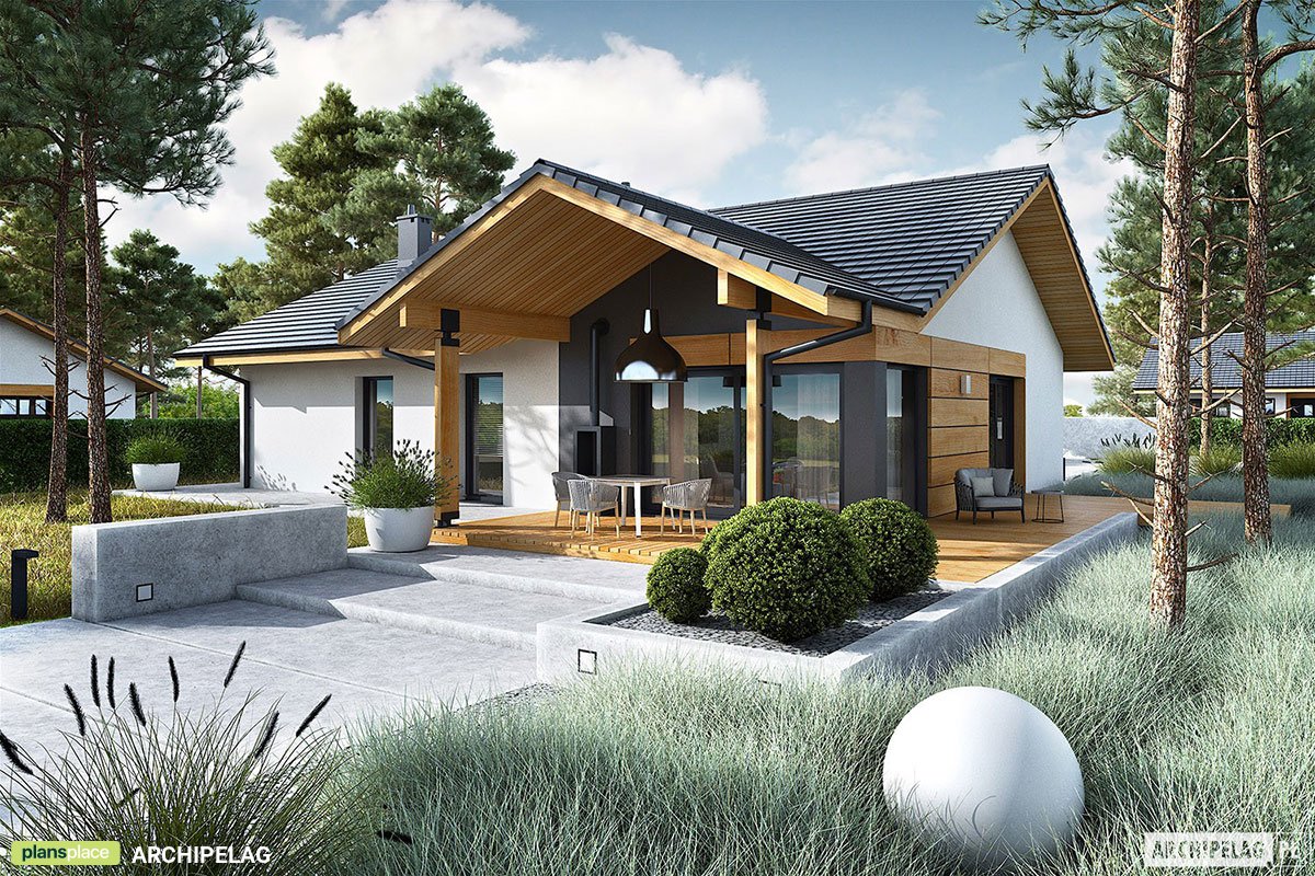 Vieno aukšto namo projektas 130 m²: 3 Miegamieji, 2 Vonios, Atvira virtuvė, be Garažo
