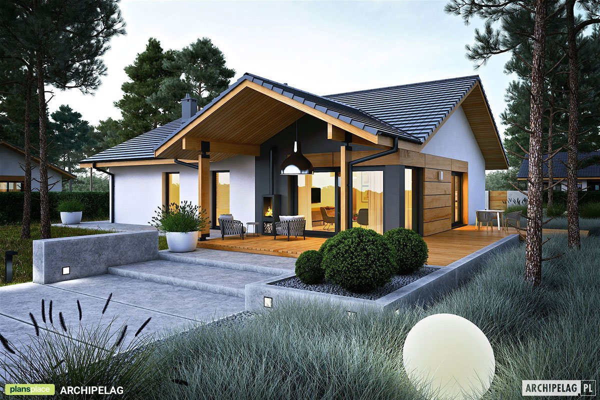 Vieno aukšto namo projektas 130 m²: 3 Miegamieji, 2 Vonios, Atvira virtuvė, be Garažo