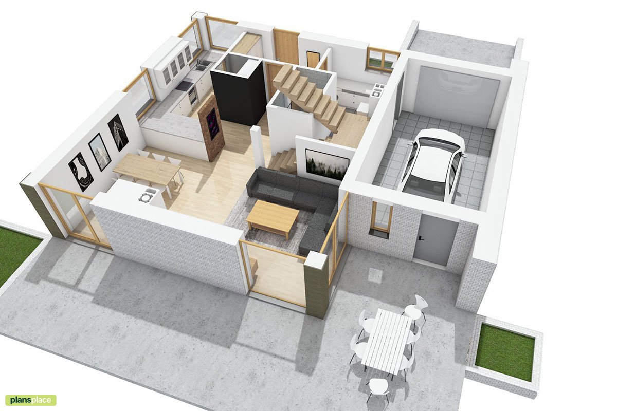 Namo projektas su mansarda 130 m²: 3 Miegamieji, 2 Vonios, Atvira virtuvė, Garažas