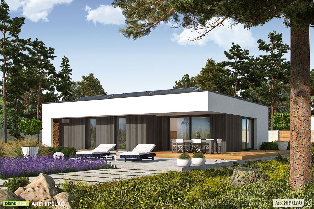Vieno aukšto namo projektas 116 m²: 3 Miegamieji, 2 Vonios, Atvira virtuvė, be Garažo