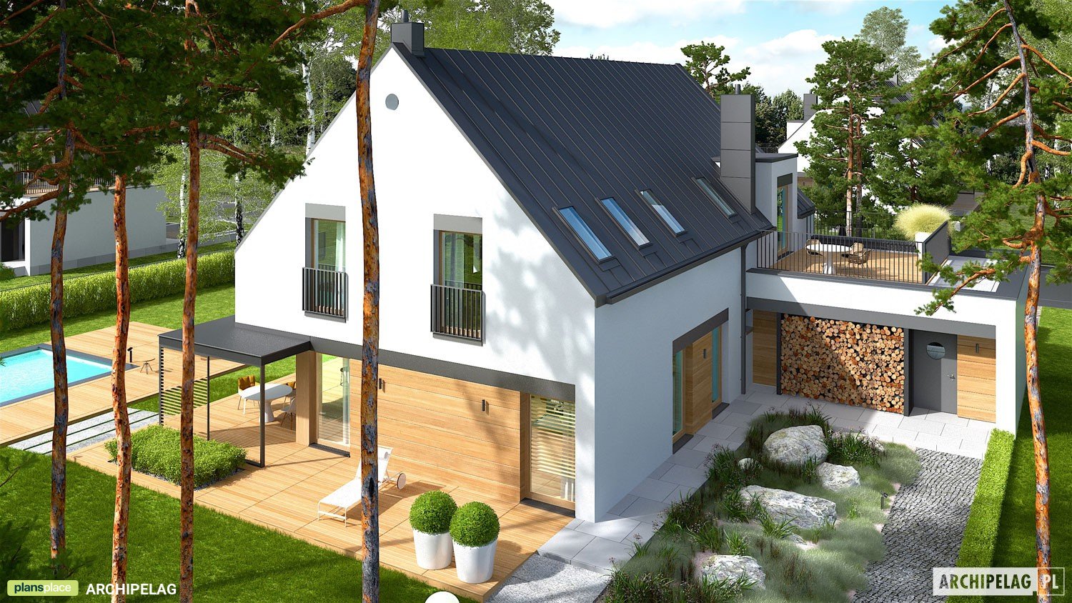 Namo projektas su mansarda 298 m²: 4 Miegamieji, Darbo kambarys, 3 Vonios, Atvira virtuvė, Garažas