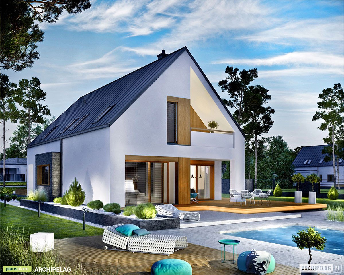 Namo projektas su mansarda 175 m²: 3 Miegamieji, Darbo kambarys, 3 Vonios, Atvira virtuvė, Garažas