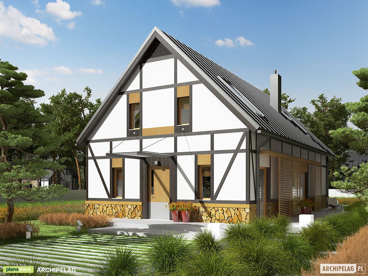 Half-Timbered House Plan with Large Windows and Home Office