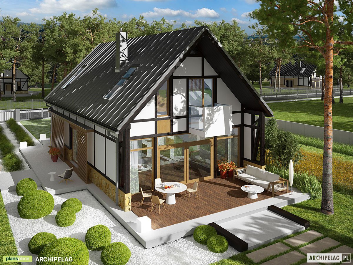 Half-Timbered House Plan with Large Windows and Home Office