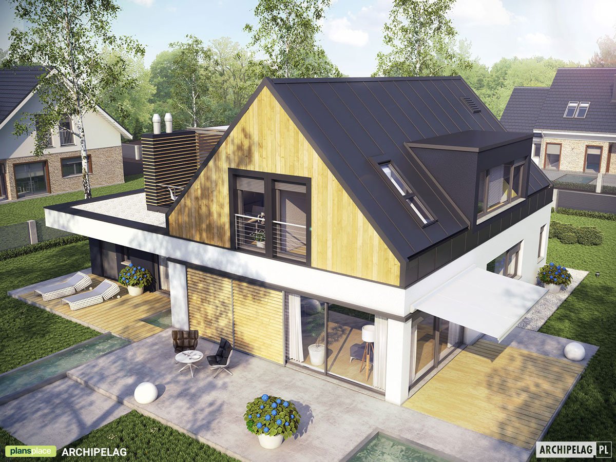 Namo projektas su mansarda 207 m²: 3 Miegamieji, Darbo kambarys, 2 Vonios, Garažas