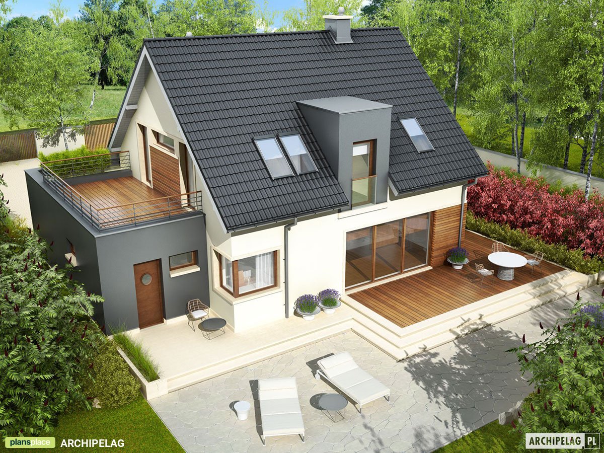 Namo projektas su mansarda 161 m²: 3 Miegamieji, Darbo kambarys, 2 Vonios, Garažas