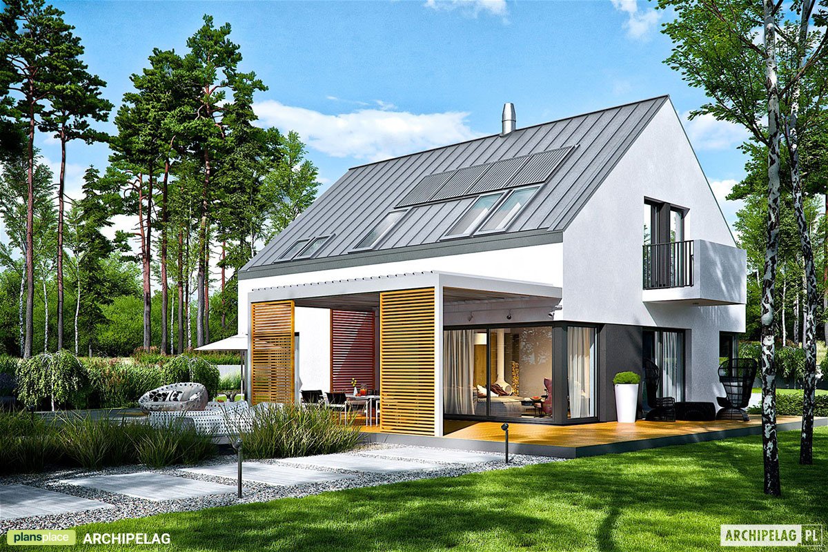 Namo projektas su mansarda 194 m²: 3 Miegamieji, Darbo kambarys, 3 Vonios, Atvira virtuvė, Garažas