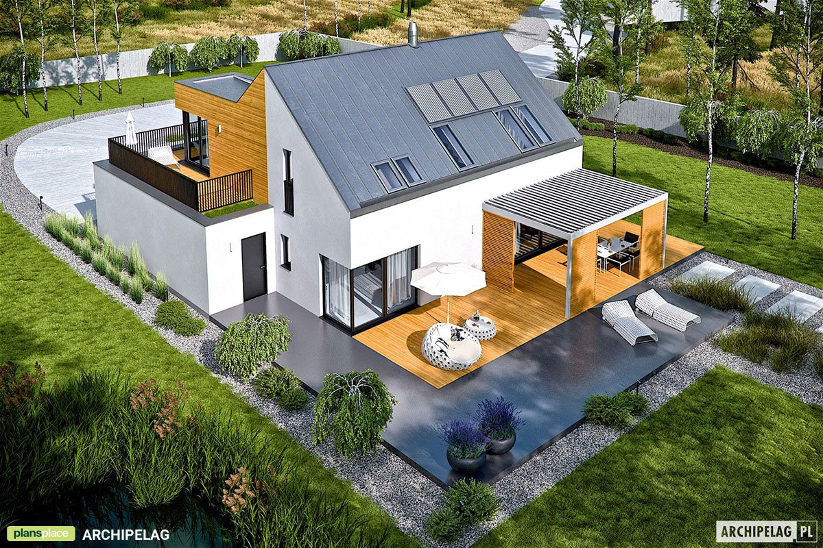 Namo projektas su mansarda 194 m²: 3 Miegamieji, Darbo kambarys, 3 Vonios, Atvira virtuvė, Garažas
